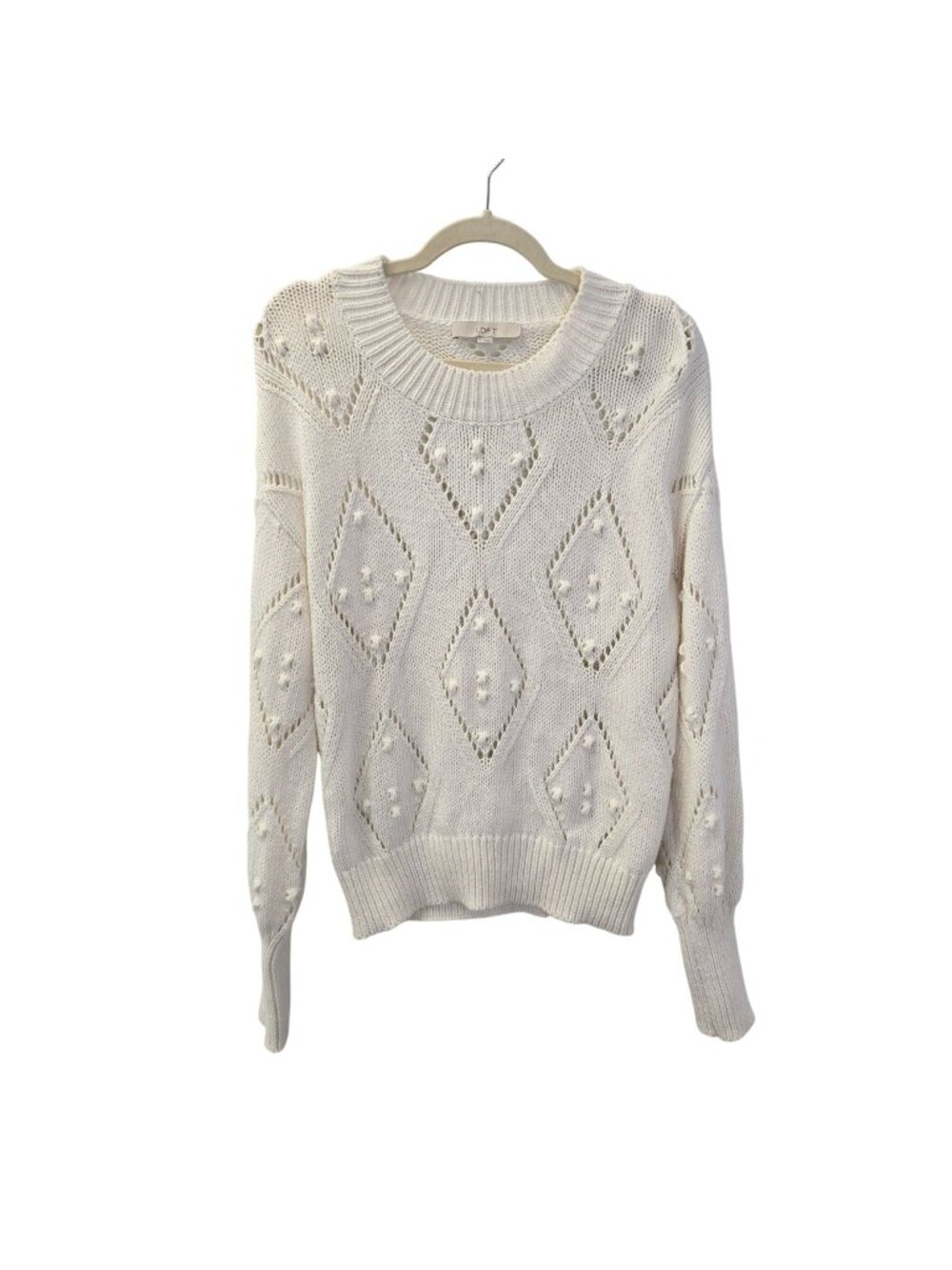 Loft Crochet Diamond Pattern Pom Pom Crewneck Sweater Size Large